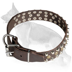 Buckle Leather German Shepherd Collar with 3 Rows Riveted Studs and Pyramids