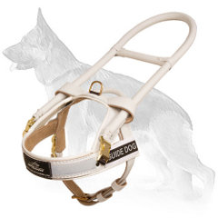 Guide White Leather German Shepherd Harness with Long Metal Handle