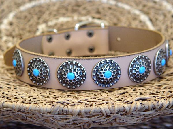Tan Leather Dog Collar with Silver Plated Circles Blue Stones for German shepherd 