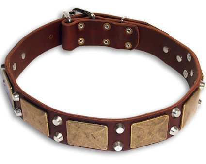 Brown Collar-German Shepherd Dog Collar with studs and plates-Leather Collar