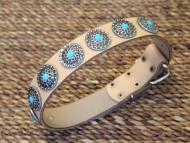 Tan Leather Dog Collar with Silver Plated Circles Blue Stones