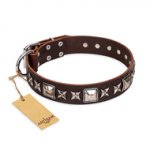 'Perfect Impression' FDT Artisan German Shepherd Brown Leather Dog Collar with Silvery Square Studs - 1 1/2 inch (40 mm) Wide