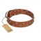 "Waltz of the Flowers" Handmade FDT Artisan Tan Leather German Shepherd Collar with Chrome-plated Engraved Studs