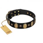 "Gilded Stones" FDT Artisan Black Leather German Shepherd Collar with Old Bronze-like Ovals and Studs - 1 1/2 inch (40 mm) wide
