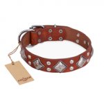"Magic Squares" FDT Artisan Tan Leather German Shepherd Collar with Silver-like Decor