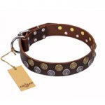 'Strong Shields' Adorned FDT Artisan Brown Leather Collar for German Shepherd - 1 1/2 inch (40 mm) wide