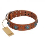 "Blue Sands" FDT Artisan Tan Leather German Shepherd Collar with Silver-like Studs and Round Conchos with Stones