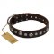 "Gorgeous Shields" FDT Artisan Brown Leather German Shepherd Collar with Old Silver-like Circles and Small Camomiles