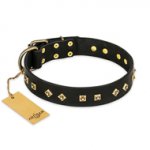 "Rhomb Style" FDT Artisan Decorated Leather German Shepherd Collar with Old Bronze-Plated Studs 1 1/2 inch (40 mm) Wide