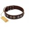 "Treasure Hunter" FDT Artisan Brown Leather German Shepherd Collar with Old-Bronze-like and Silvery Medallions