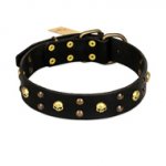 FDT Artisan 'Heavy Metal' Decorated Leather German Shepherd Collar with Skulls and Studs 1 1/2 inch (40 mm)