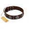"Hypnotic Stones" FDT Artisan Brown Leather German Shepherd Collar with Chrome Plated Brooches and Square Studs
