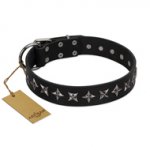 "Lights-out" FDT Artisan Black Leather German Shepherd Collar with Silver-like Set of Stars
