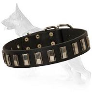 Leather German Shepherd Collar with Slim Silver-like Plates