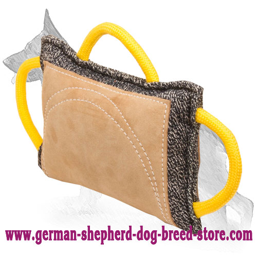 Leather Covered German Shepherd Bite Pad with 3 Handles French Linen German Shepherd Bite Pad with Leather Covered Area and 3 Handles