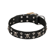 FDT Artisan 'Rock 'n' Roll Style' Leather German Shepherd Collar with Skulls, Bones and Studs 1 1/2 inch (40 mm) wide