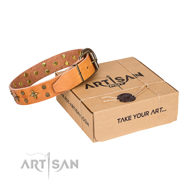 Adorned leather dog collar for comfortable wearing