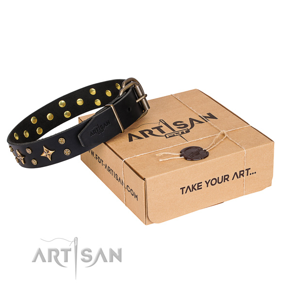 Adorned natural genuine leather dog collar for everyday use