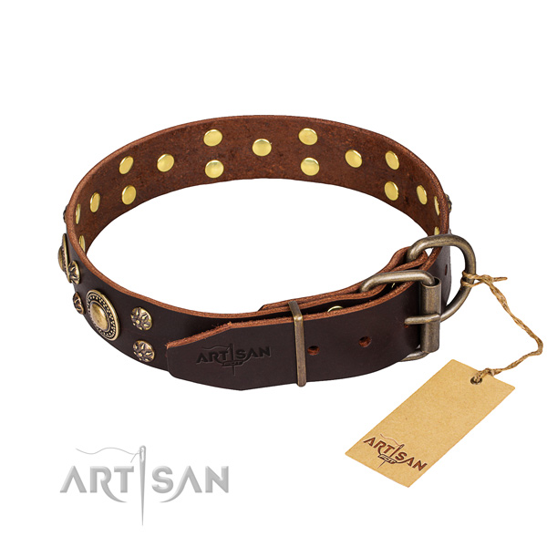 Stylish walking full grain natural leather collar with decorations for your four-legged friend