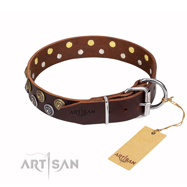 Handy use genuine leather collar with embellishments for your doggie