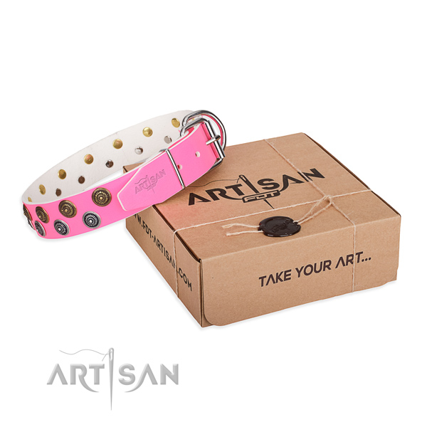 Embellished full grain leather dog collar for easy wearing