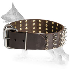Spiked Leather German Shepherd Collar with Strong Massive Nickel Plated Buckle and Ring