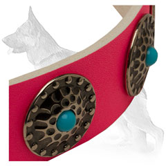 Pink Leather German Shepherd Collar Strap Decorated with Blue Stone Circles