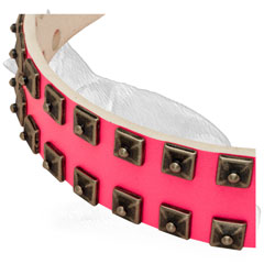 Pink Leather German Shepherd Collar Strap with 2 Rows Square Studs