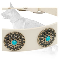White Leather German Shepherd Collar Strap Decorated with Blue Stone Circles