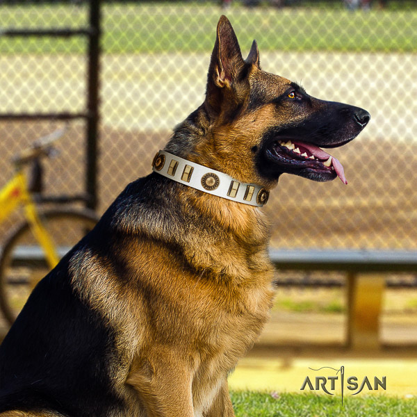 German Shepherd Dog stylish studded natural genuine leather dog collar