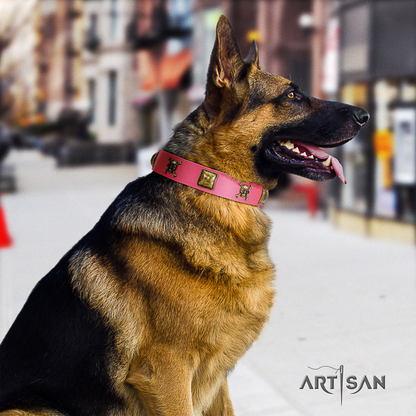 German Shepherd Dog significant decorated full grain leather dog collar