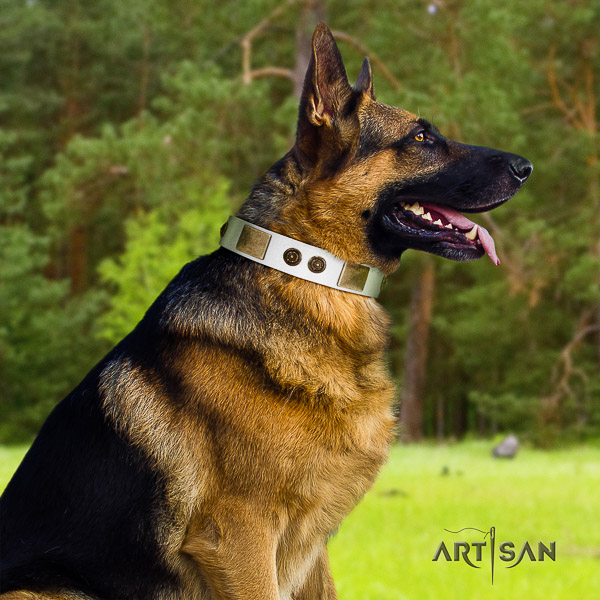 German Shepherd Dog trendy decorated natural genuine leather dog collar