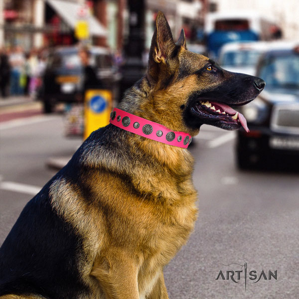 German Shepherd natural genuine leather dog collar with decorations for your lovely four-legged friend
