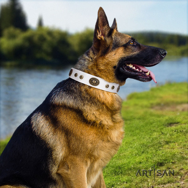 German Shepherd natural genuine leather dog collar with decorations for your lovely canine