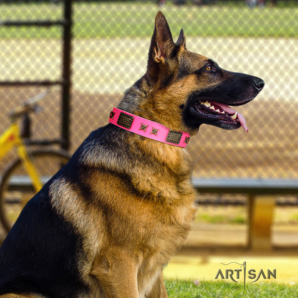 German Shepherd leather dog collar with embellishments for your impressive pet
