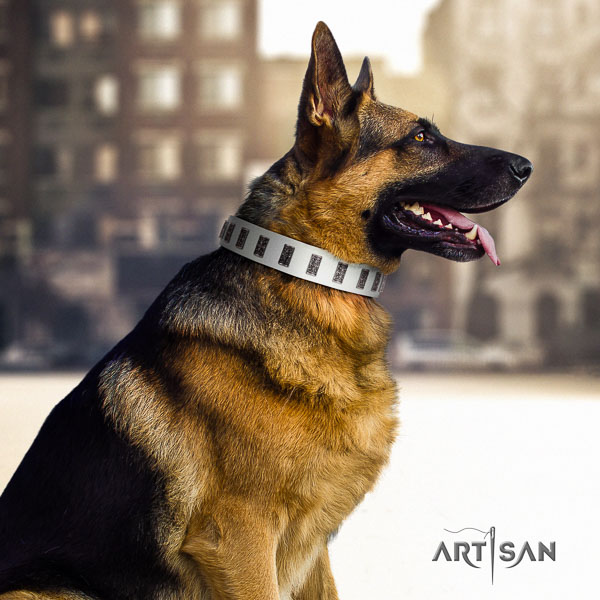 German Shepherd handcrafted genuine leather dog collar with exquisite decorations