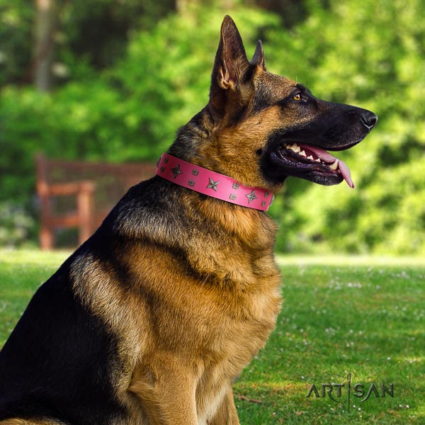 German Shepherd easy adjustable genuine leather collar with decorations for your canine