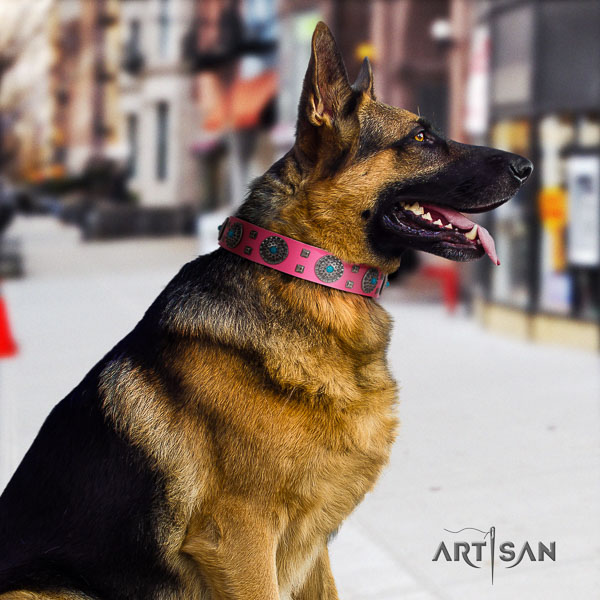 German Shepherd easy to adjust genuine leather collar with adornments for your four-legged friend