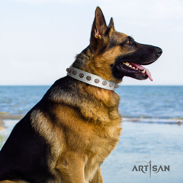 German Shepherd easy adjustable full grain leather collar with decorations for your doggie