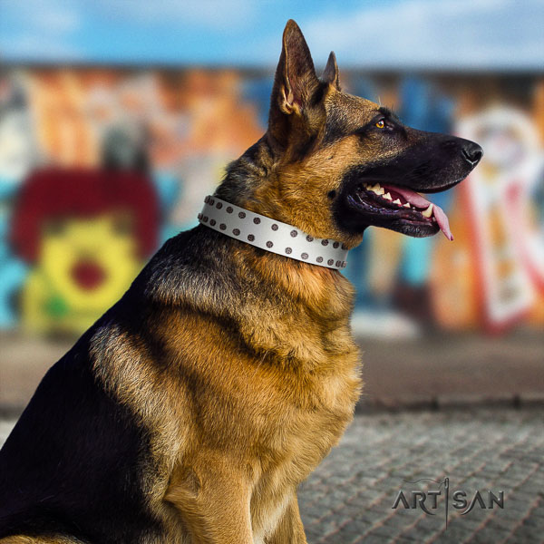 German Shepherd adjustable natural genuine leather dog collar with trendy decorations