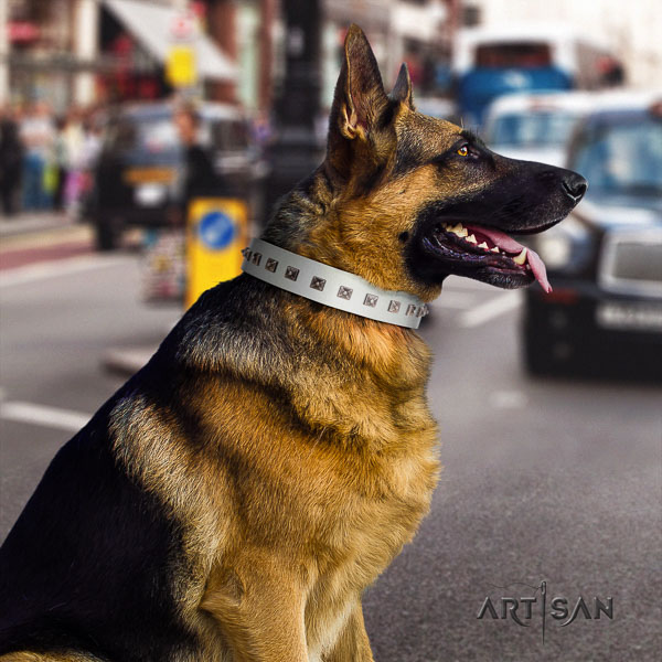 German Shepherd adjustable natural genuine leather collar with decorations for your canine