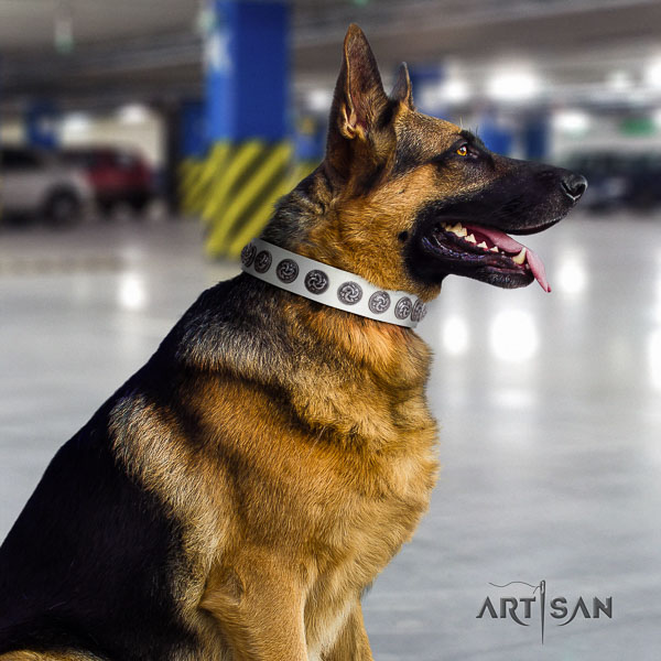 German Shepherd easy to adjust genuine leather dog collar with trendy embellishments
