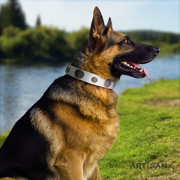 German Shepherd handmade natural genuine leather collar with decorations for your four-legged friend