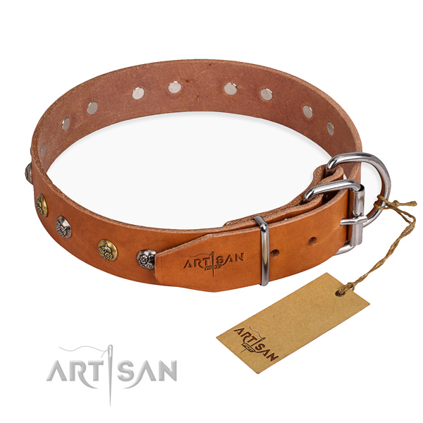 Full grain natural leather dog collar with amazing rust-proof decorations