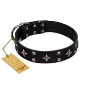 "Snappy Dresser" FDT Artisan Black Leather German Shepherd Collar Adorned with Stars and Tiny Squares