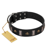 "Pirates' Symbol" Fashionable FDT Artisan Black Leather German Shepherd Collar with Silver-Like Plates and Gold-Like Skulls