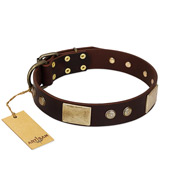 "Middle Age" FDT Artisan Brown Leather German Shepherd Collar with Old Bronze-Plated Engraved Flowers and Large Plates