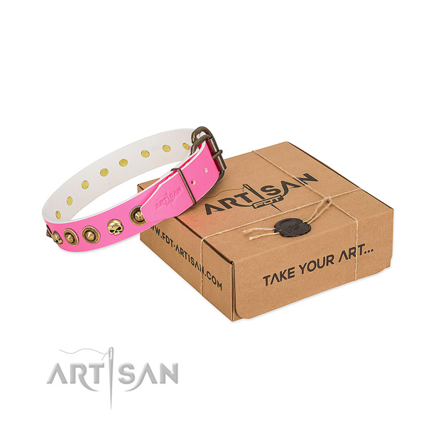 Natural leather collar with inimitable adornments for your dog