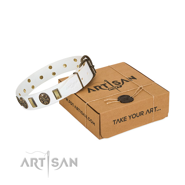 Reliable fittings on full grain natural leather dog collar for easy wearing