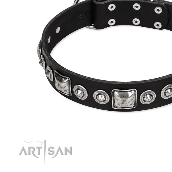 Natural genuine leather dog collar made of soft material with embellishments